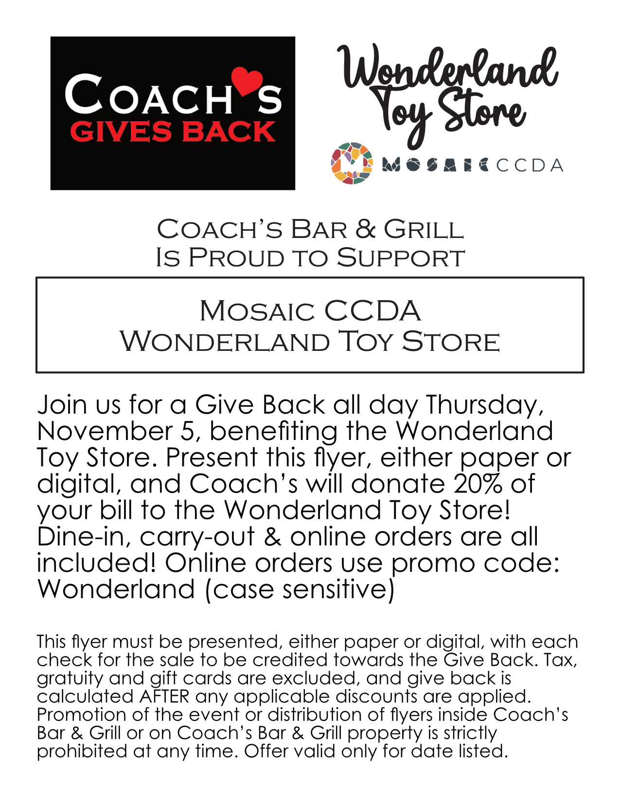 Wonderland Toy Store Give Back at Coach's Bar & Grill, Stevensville Michigan