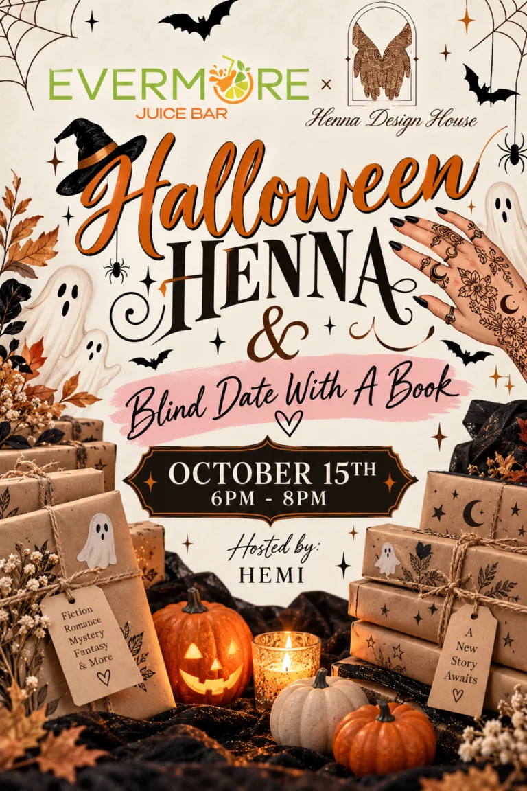 Halloween Henna & Blind Date with a Book at Evermore Juice Bar, St. Joseph Michigan