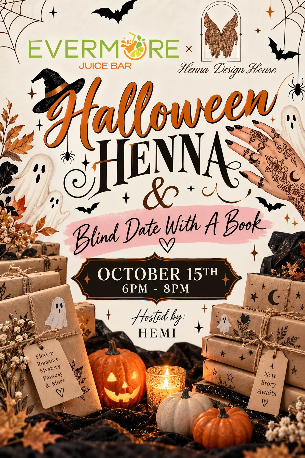 Halloween Henna & Blind Date with a Book at Evermore Juice Bar, St. Joseph Michigan
